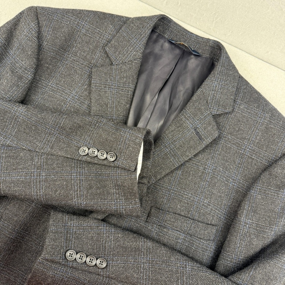 Joseph & Feiss Gold Mens 46R Blazer Jacket 100% Wool Gray Blue Plaid 2-Button
